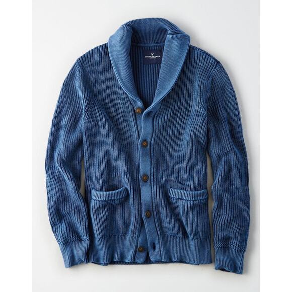 American Eagle heavy knit Cardigan Shawl Collar Kurt Cobain Grandpa SZ M indigo - Picture 1 of 9